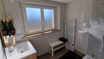 Hair dryer, towels, soap, toilet paper