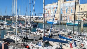 Un port de plaisance où sont amarrés différents types de bateaux, une fresque ornant un bâtiment et un ciel dégagé.