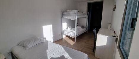 A dormitory room with bunk beds, a desk, and a window.