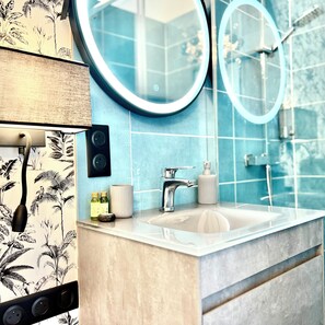 Regadera, secadora de cabello, toallas, jabón 