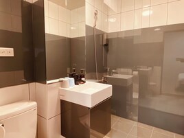 Ducha, secador de pelo, pantuflas, toallas