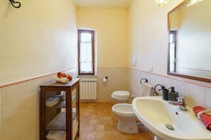 Shower, hair dryer, bidet, towels