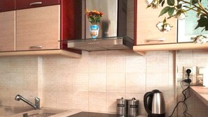 Een keuken met een roestvrijstalen fornuis, een spoelbak en een koffiezetapparaat.