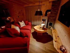 Smart TV, chimenea, reproductor de DVD y libros 