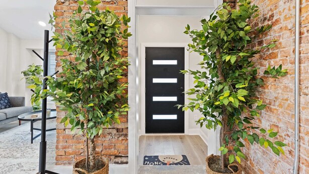 Una sala de estar moderna con una pared de ladrillo, una puerta negra y dos plantas en macetas.