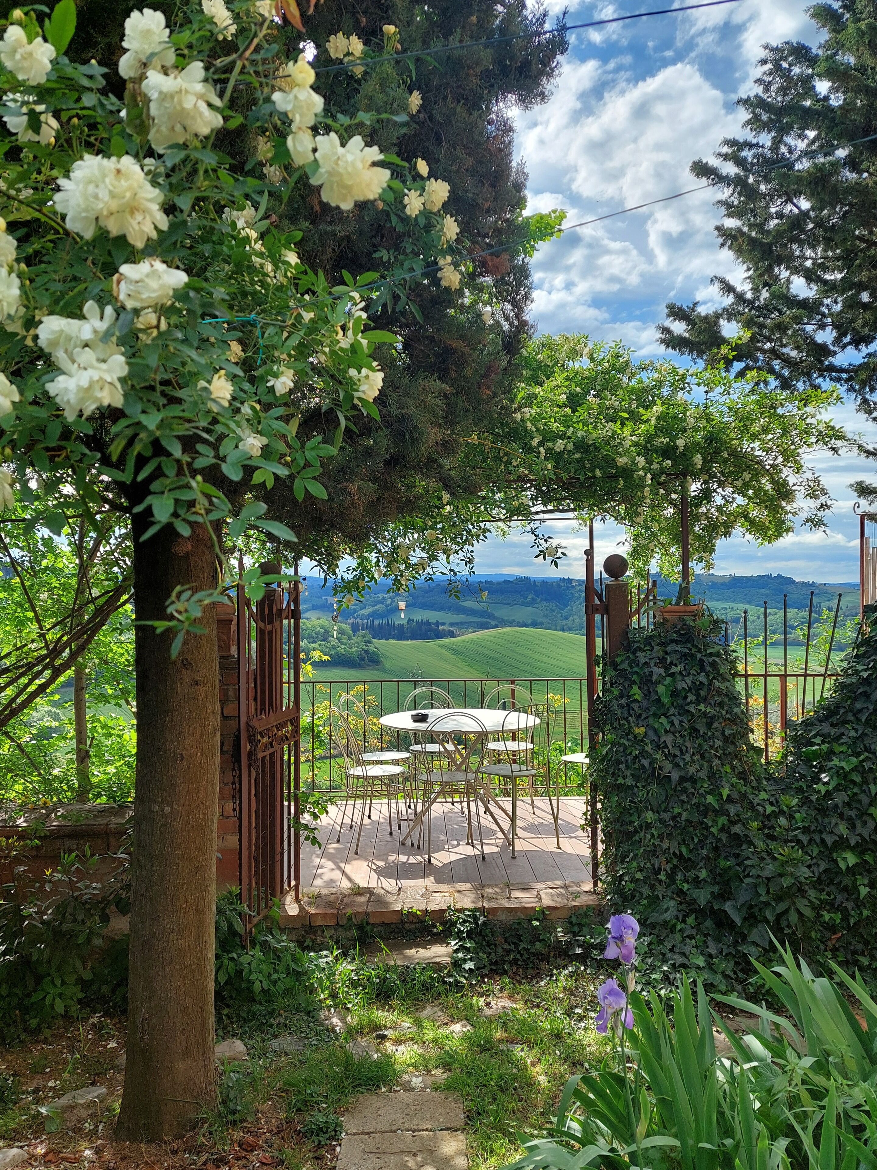 A garden patio with a view of rolling hills.