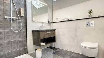 Shower, eco-friendly toiletries, hair dryer, towels