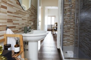 Shower, hair dryer, bidet, towels