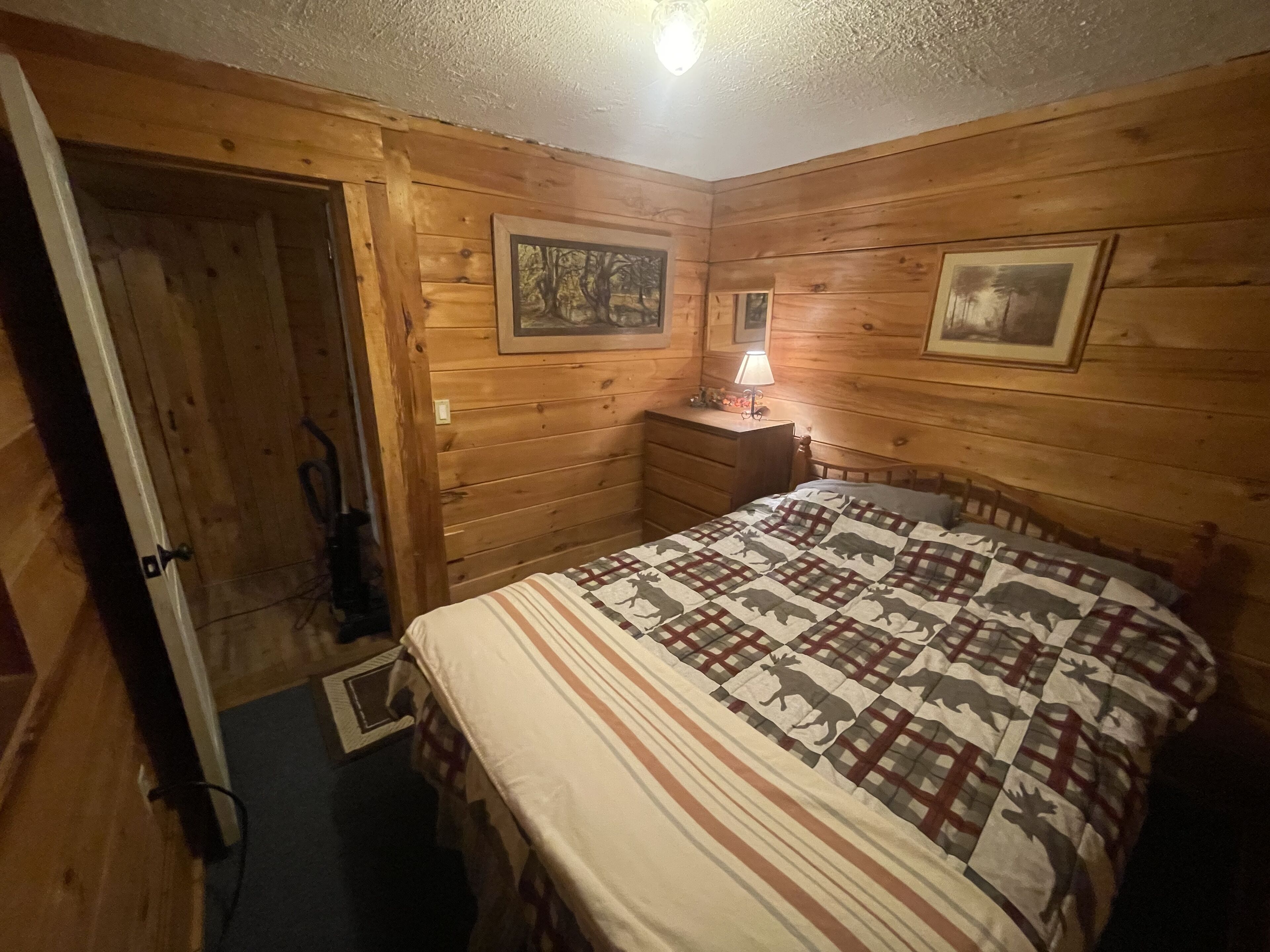 A wooden room with a bed, a nightstand, a lamp, and a door.