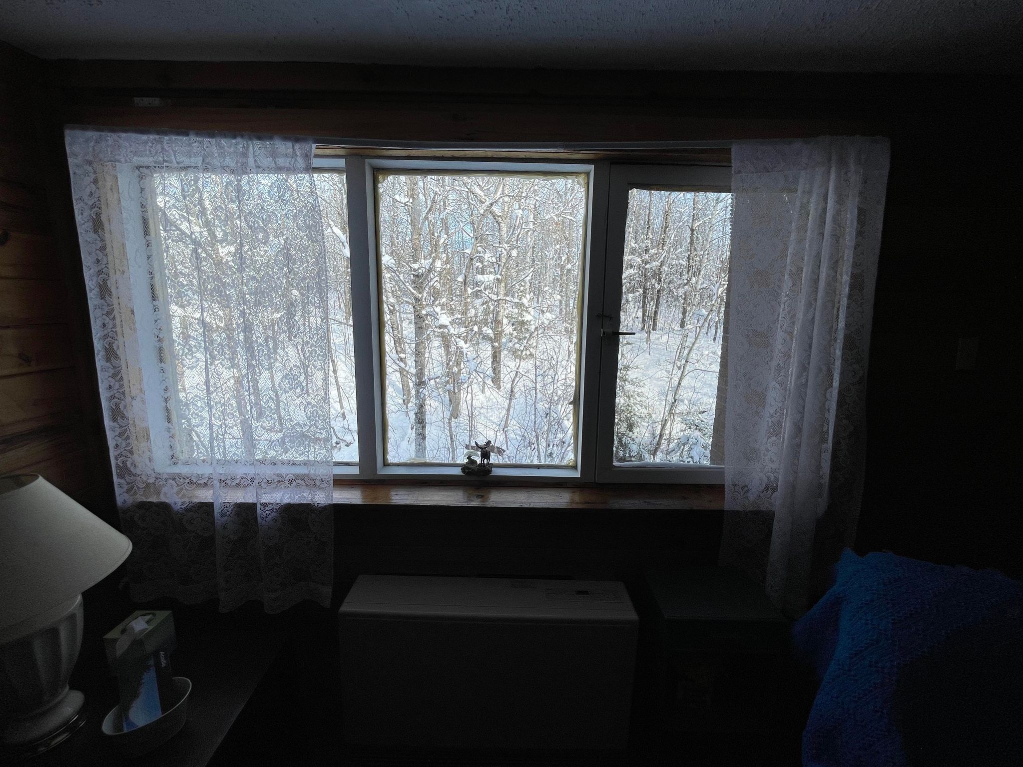 Una habitación con ventana que da a un bosque nevado.