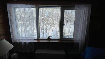 Una habitación con ventana que da a un bosque nevado.