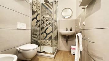 Shower, hair dryer, bidet, towels