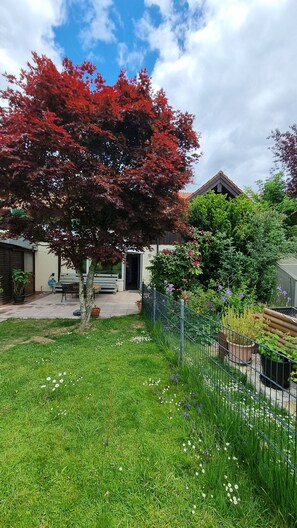 A residential property with a well-maintained lawn, a tree with red foliage, a bench, and a fence enclosing a garden area. - Holiday home with garden and mountain view (Traunstein)