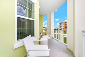 Hotel room view looking out at Embassy Suites By Hilton Orlando Sunset Walk