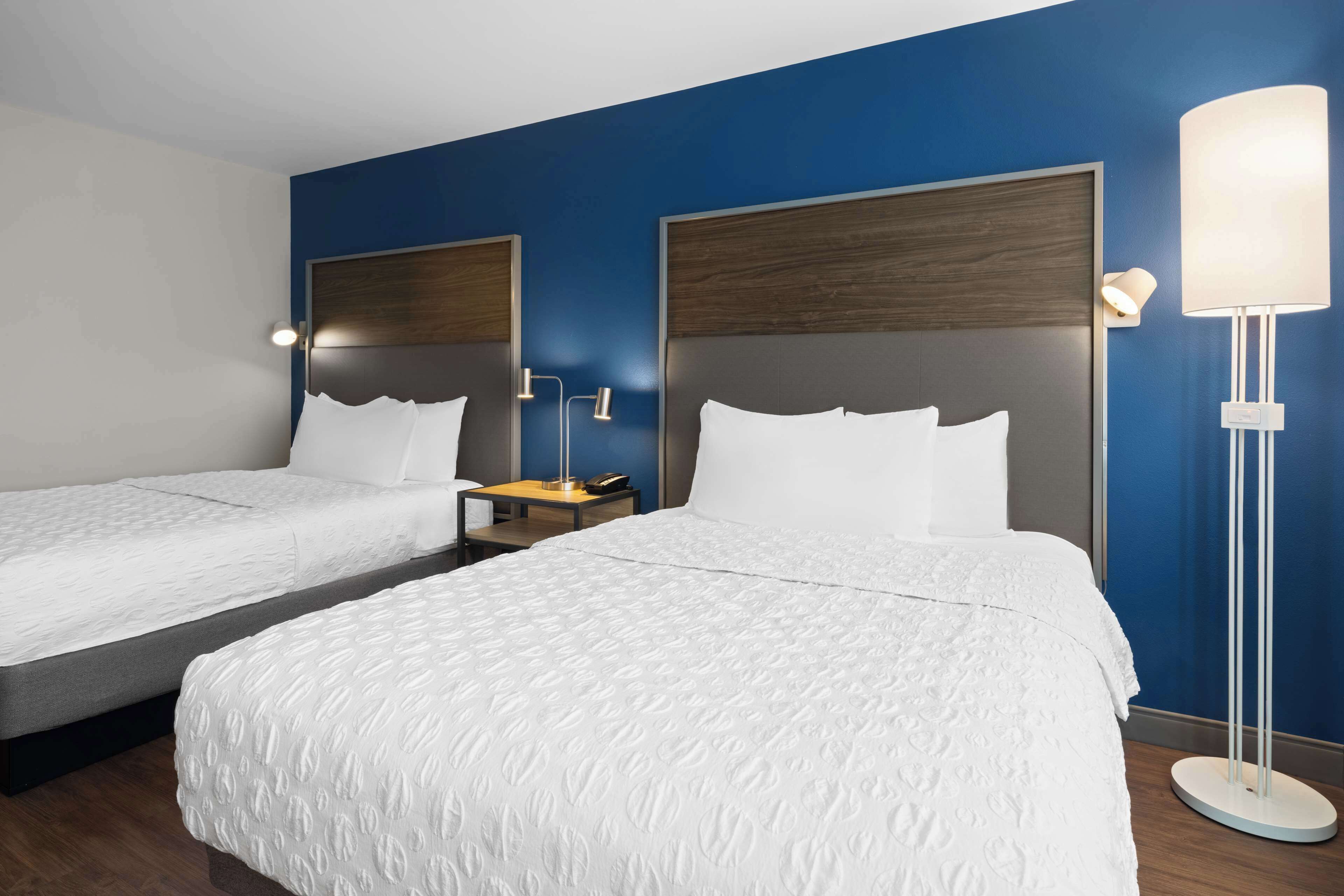 A hotel room with two beds, a nightstand, a lamp, and a large mirror.