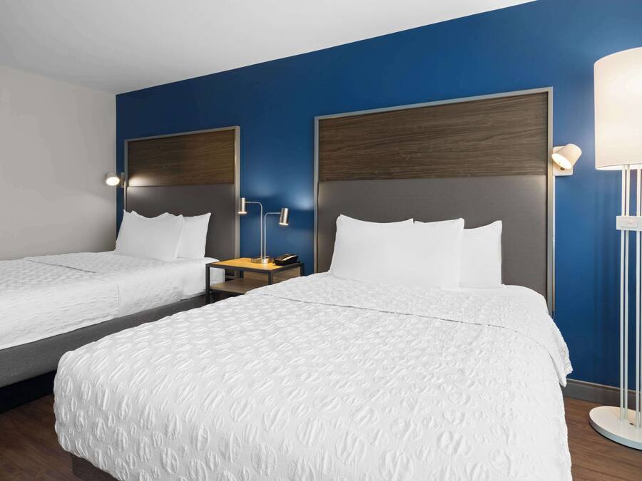 A hotel room with two beds, a nightstand, a lamp, and a large mirror.