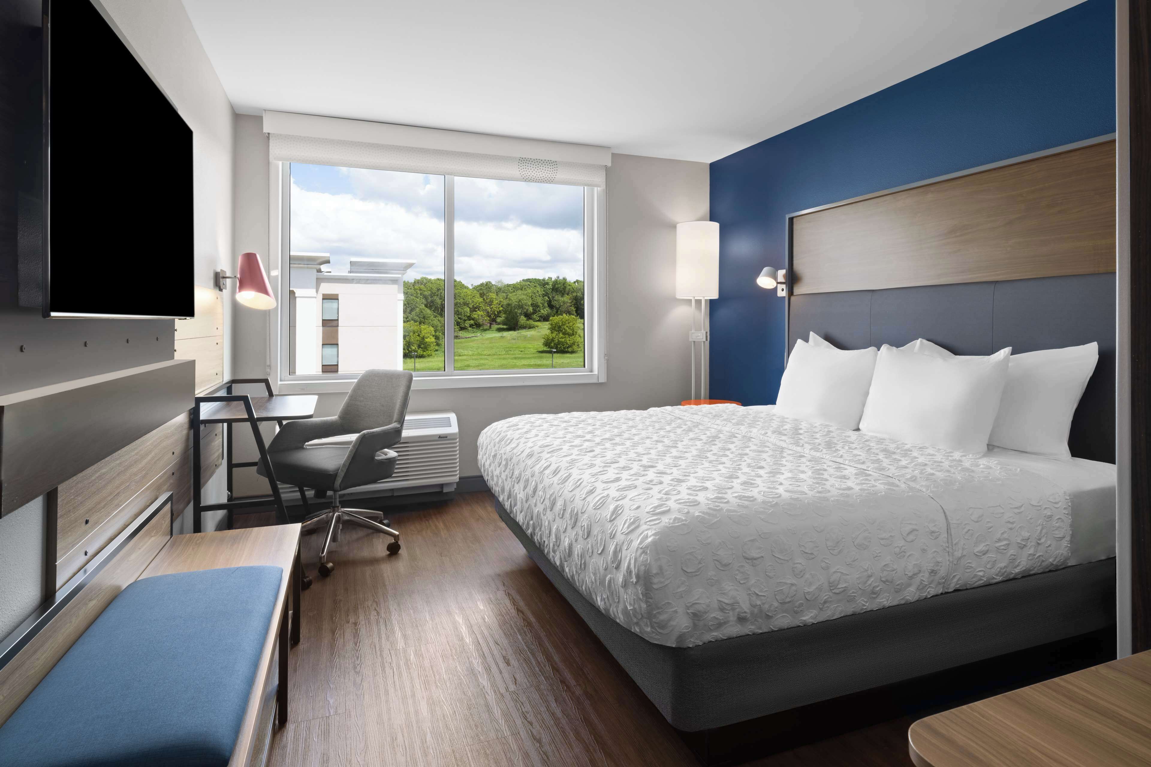 A hotel room with a large bed, a desk with a chair, a TV mounted on the wall, and a window with a view of greenery.