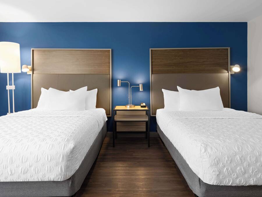 A hotel room with two beds, a nightstand, and a lamp.