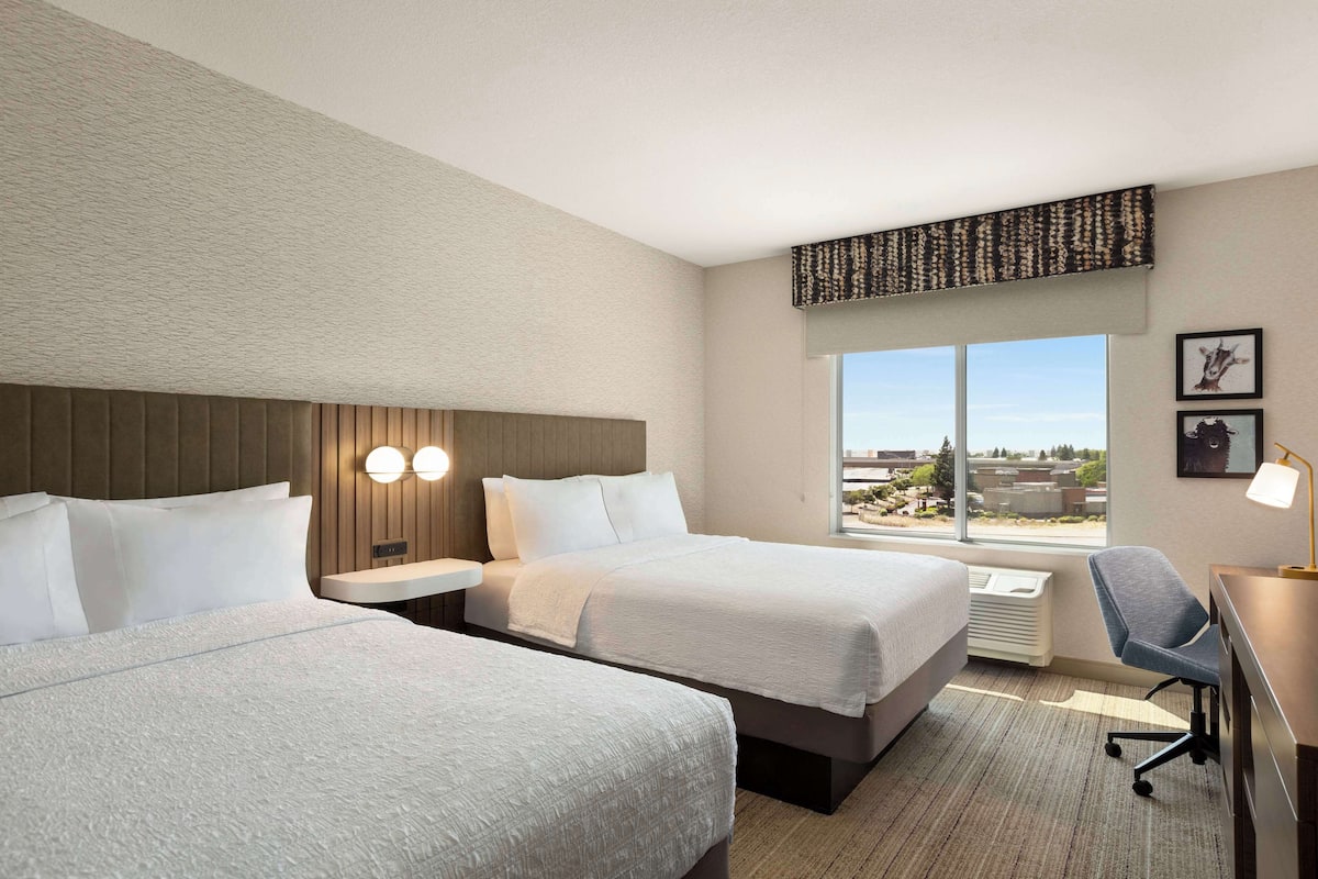 Hotellihuone, jossa on kaksi sänkyä, työpöytä, tuoli, suuri ikkuna, josta on näkymä, ja seinään kiinnitetty valaisin.