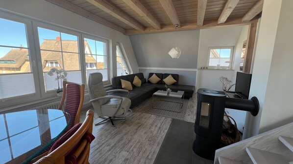 Smart TV, fireplace, books, stereo