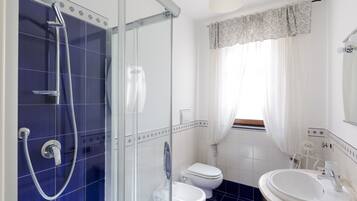 Shower, hair dryer, bidet, towels