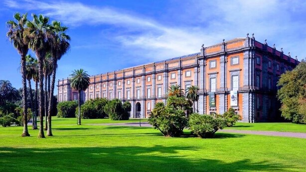 A large, historic building with a symmetrical facade, surrounded by well-maintained green lawns and palm trees. - Skycity b&b (Naples)