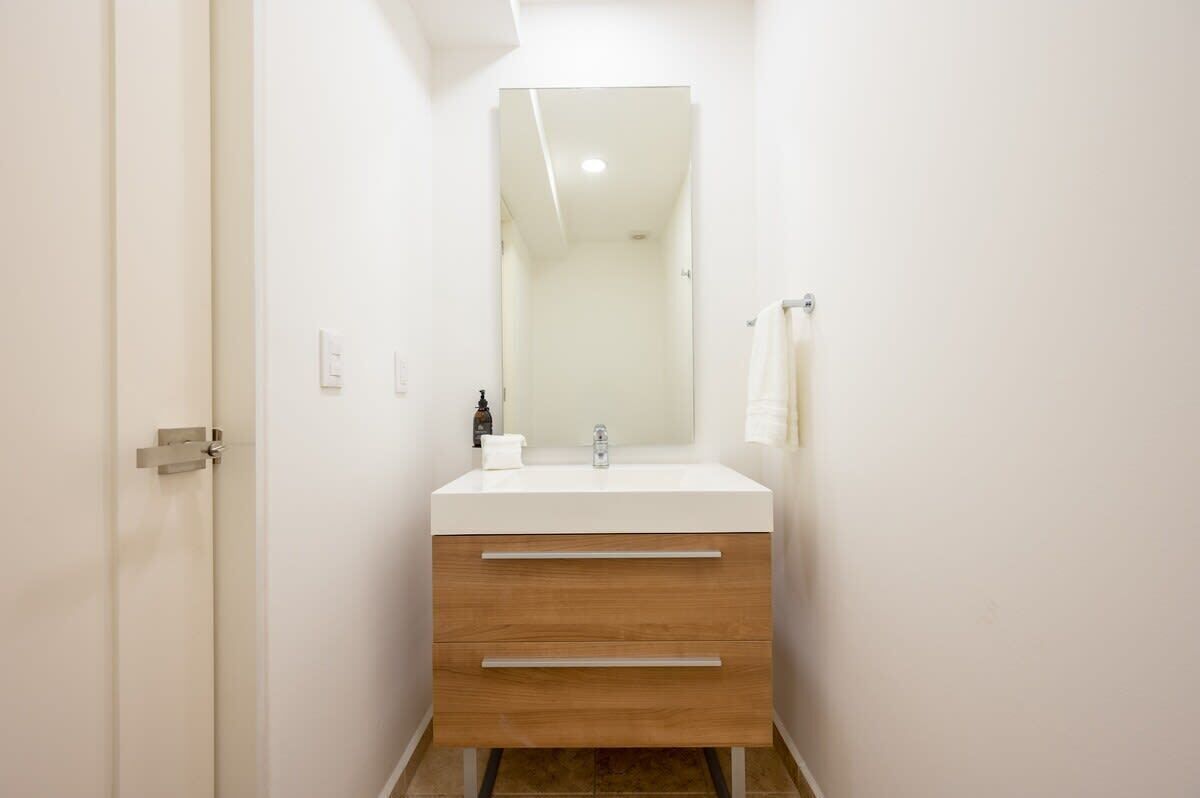 Bathtub, hair dryer, towels, soap