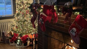 Ein gemütliches Zimmer mit geschmücktem Weihnachtsbaum, Kamin und Weihnachtsküchen und einem Fenster mit Jalousien.