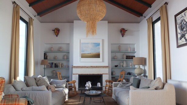 Een woonkamer met twee banken, een open haard, planken met decoratieve objecten en een hanglamp.