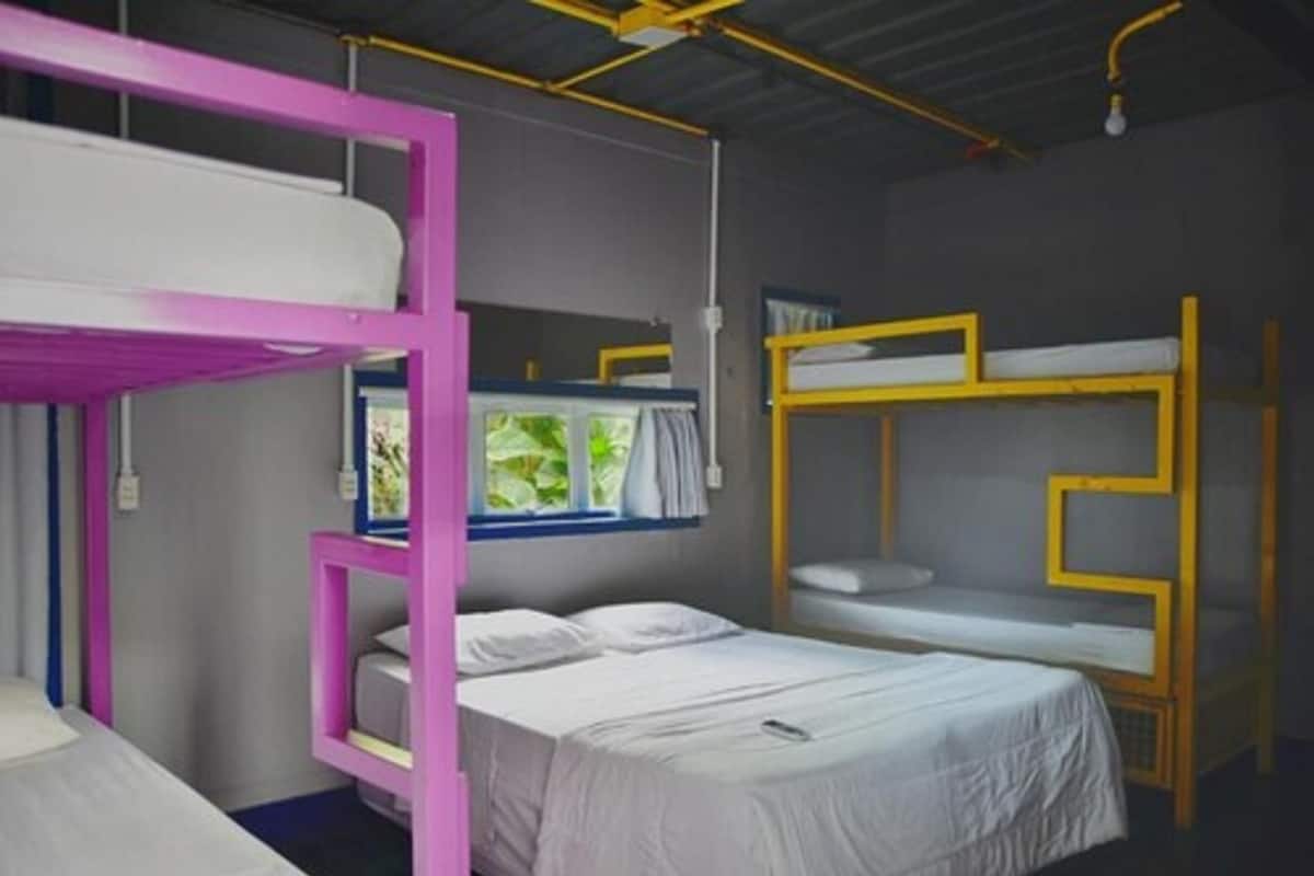 A dormitory room with bunk beds, a window with curtains, and a small shelf.