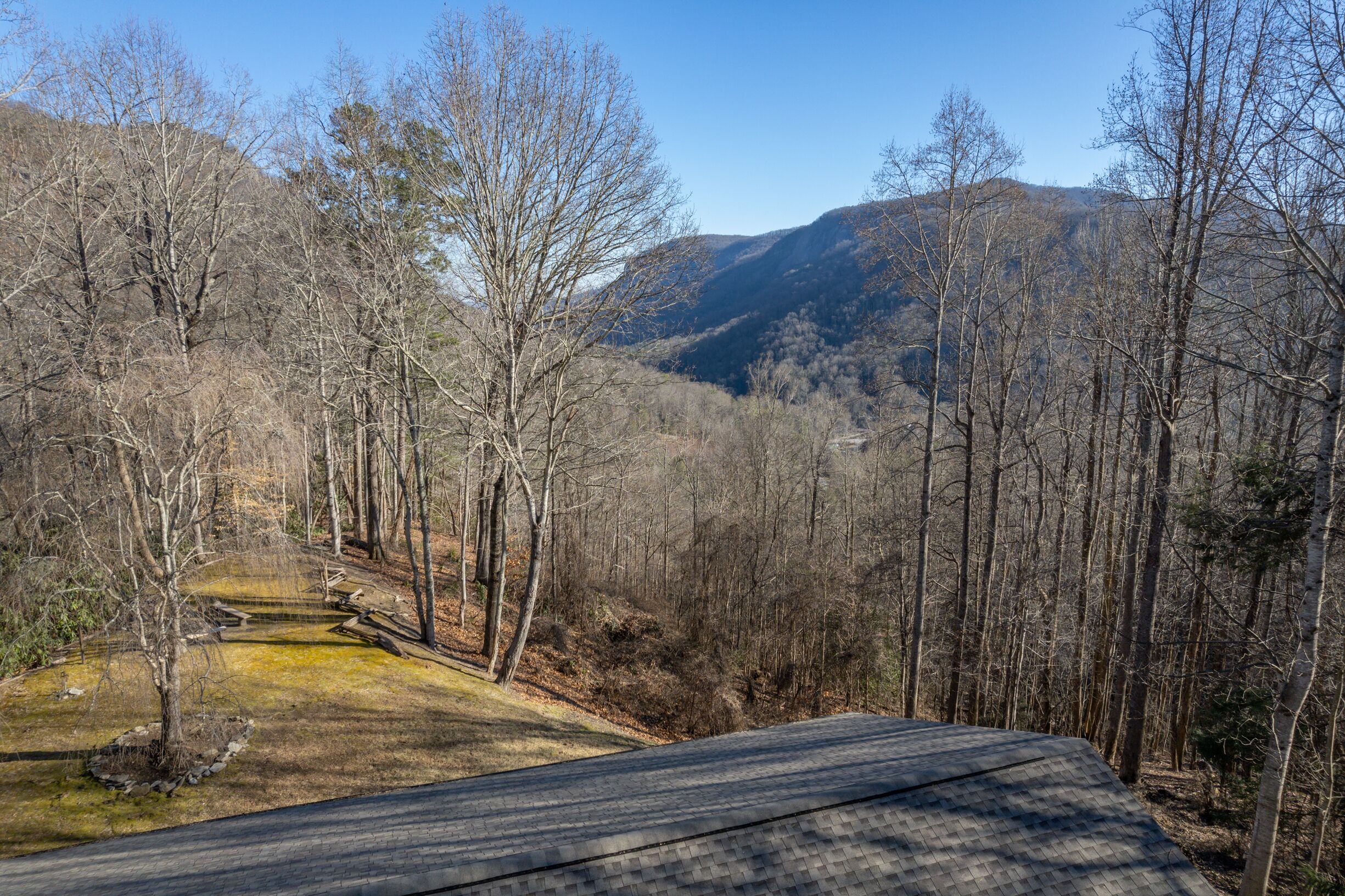 A view of a forested area with a road and a building in the foreground.