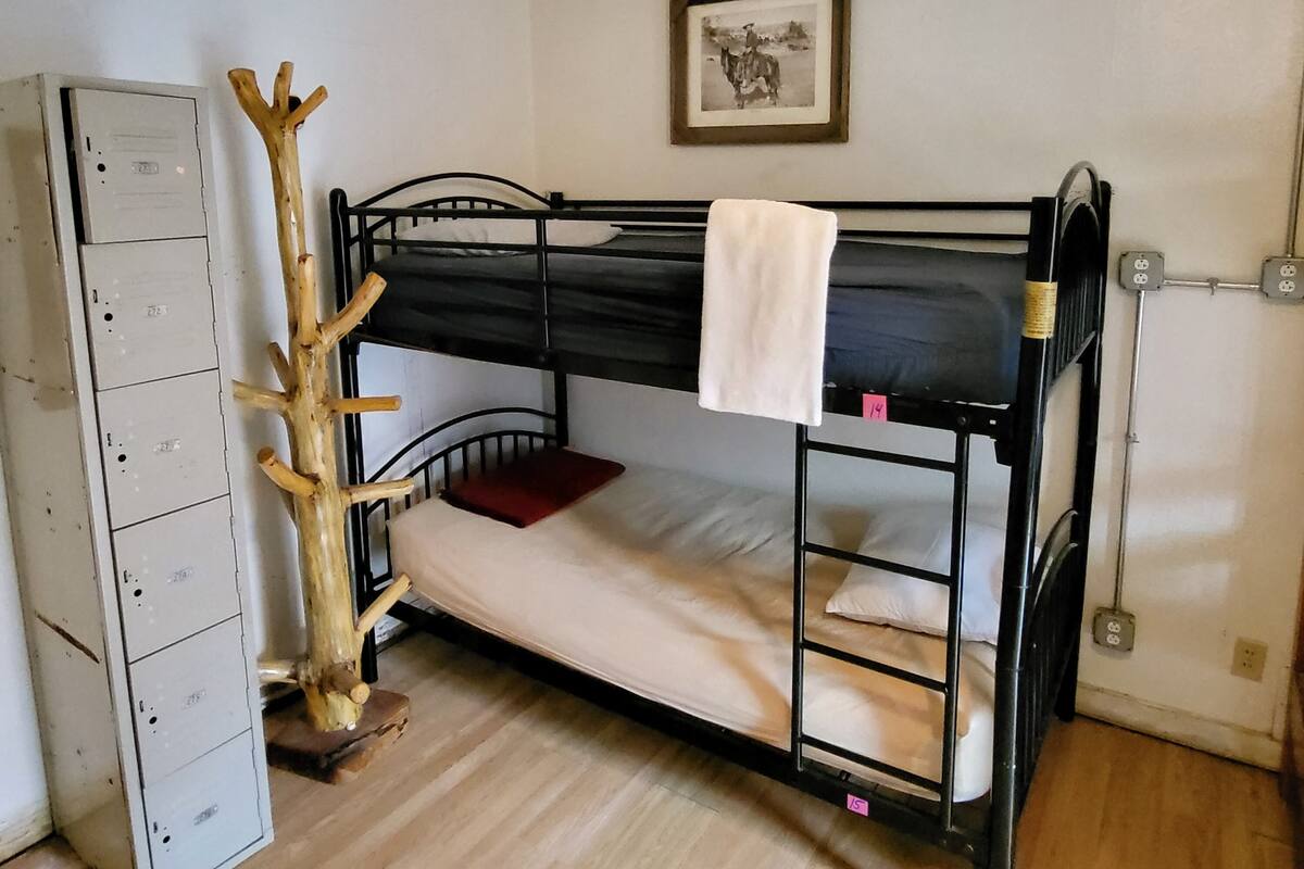 A bunk bed room with a wooden ladder, a white towel, a framed picture on the wall, and a metal wardrobe.