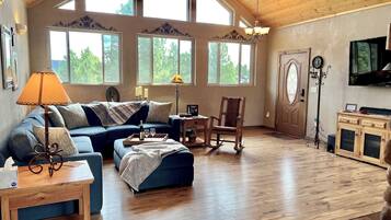 Téléviseur connecté, foyer, lecteur de DVD, livres