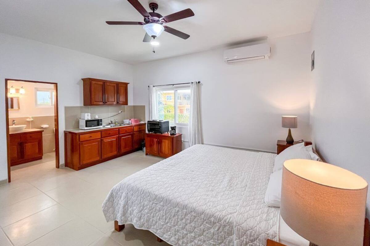 A bedroom with a bed, a nightstand, a lamp, a ceiling fan, and a view of the bathroom and kitchen.