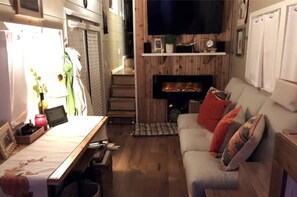 Smart TV, fireplace, DVD player, books