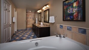 Shower, jetted tub, hair dryer, towels