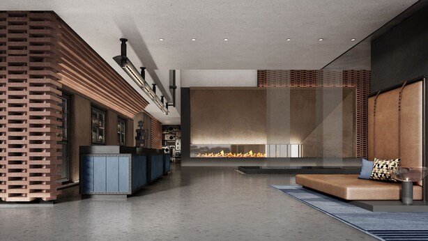 A modern lobby with a central fireplace, seating area, and a reception desk. - Four Points by Sheraton Chongqing, Yongchuan (Chongqing)