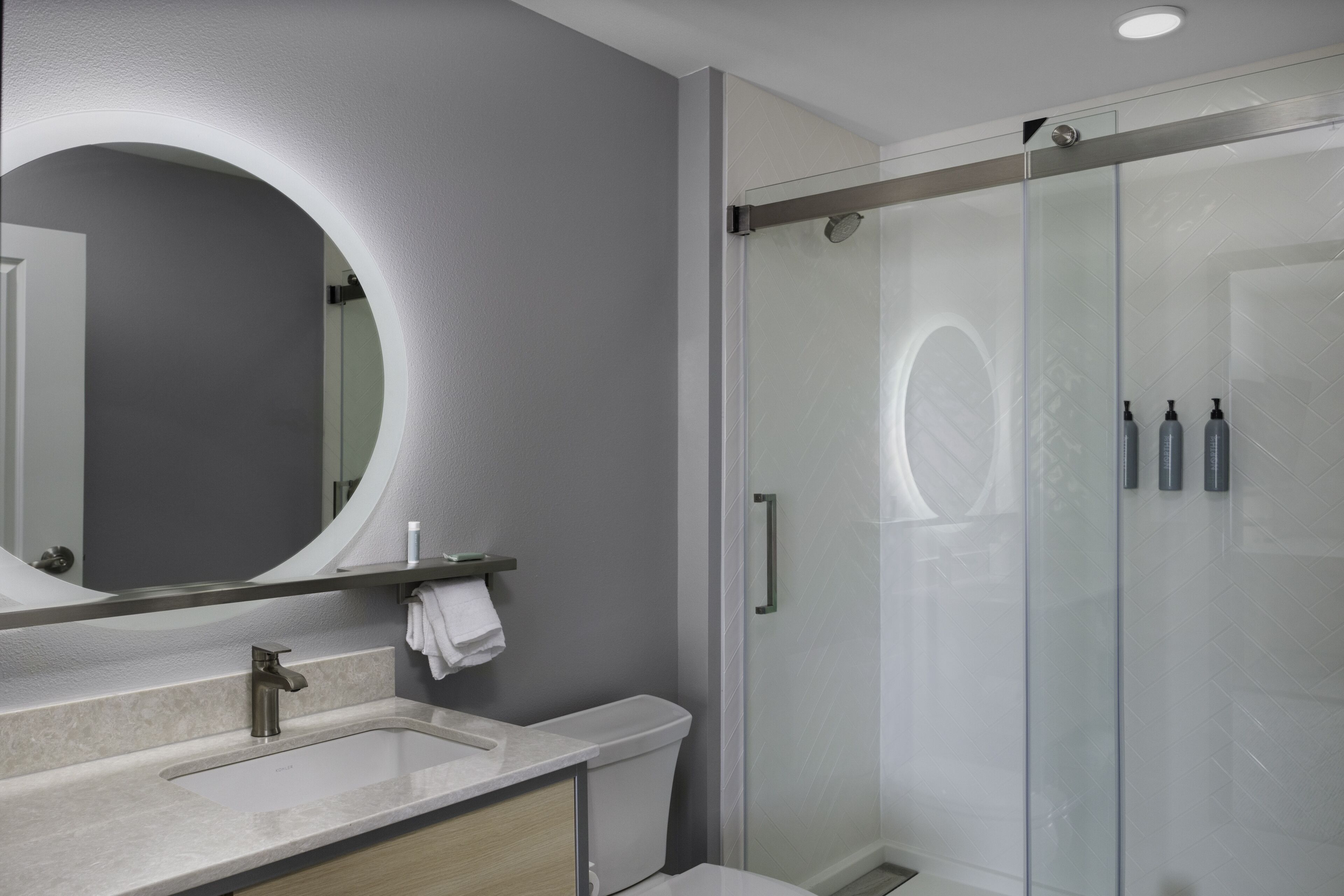 Een moderne badkamer met een douche met glazen wand, een grote spiegel en een wastafel met twee kommen.