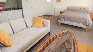 Un dormitorio con cama, sofá, un cofre de madera y una zona de cocina con armarios y un lavabo.