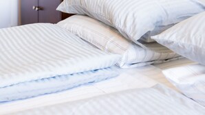 Una cama bien tendida con ropa de cama a rayas, una mesita de noche con una planta en maceta y un gancho en la pared.