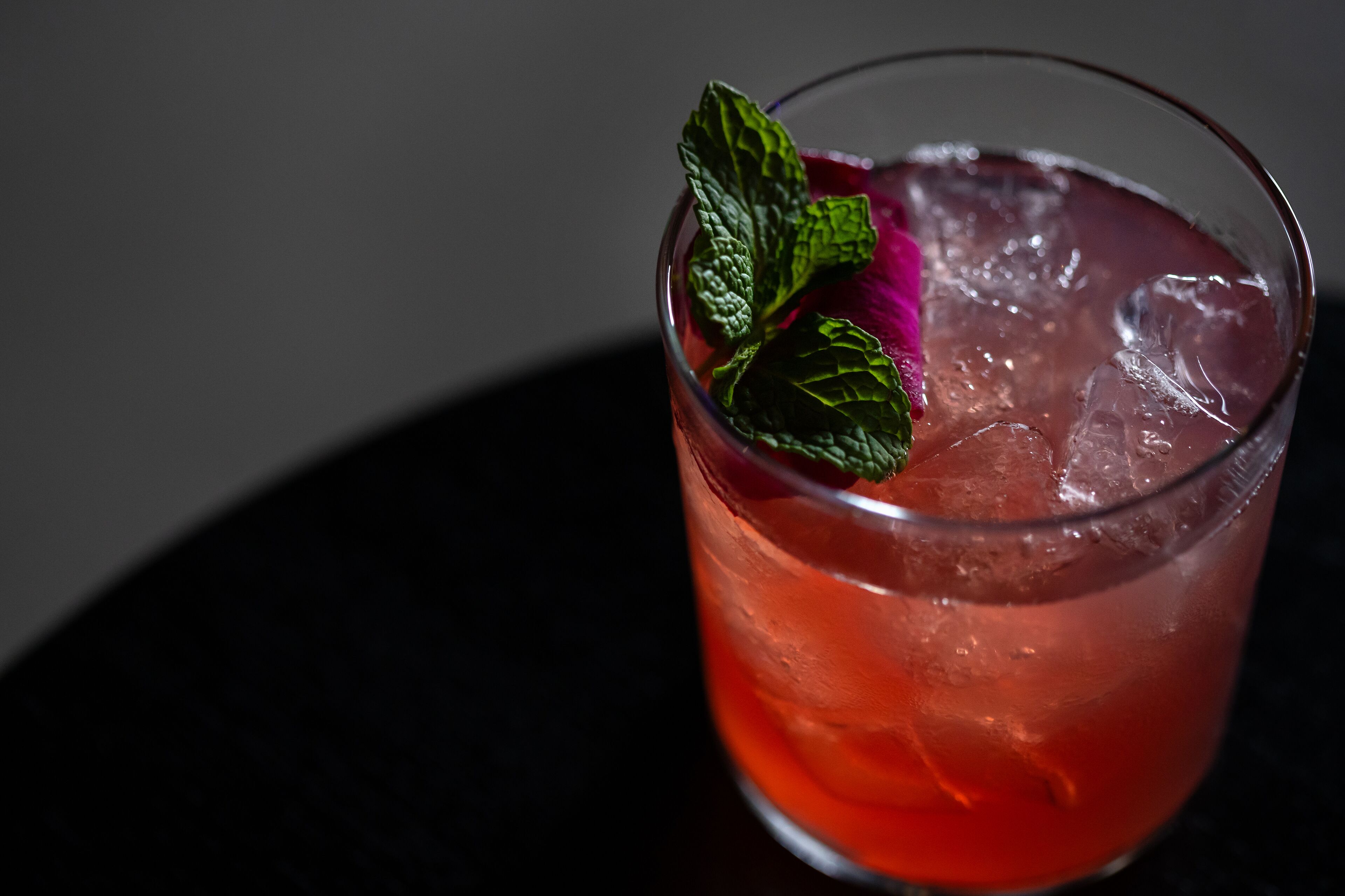 A glass with a red beverage, ice cubes, and a mint leaf garnish.