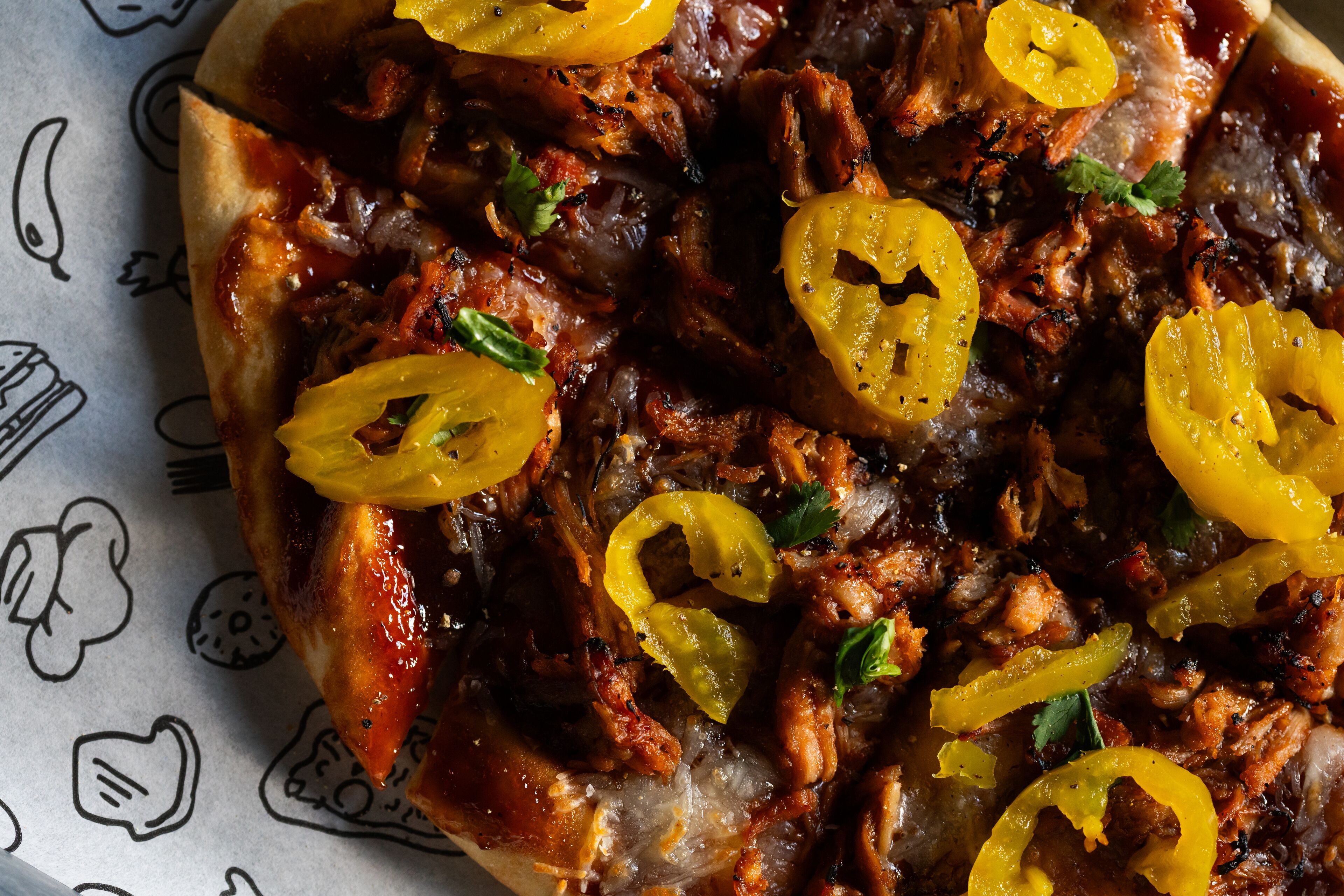 A pizza with toppings.