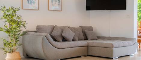 A modern living room with a sectional sofa, a flat-screen TV, and two framed botanical prints on the wall.