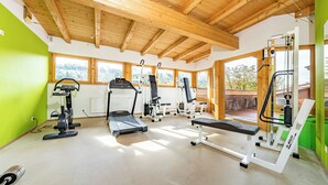 A gym with various exercise equipment, large windows, and a wooden ceiling. - Das Hopfgarten Aparthotel (Hopfgarten im Brixental)