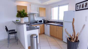 Frigorifero, microonde, piano cottura, lavastoviglie