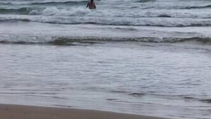 En strand med en person i vattnet och ett färgglatt föremål på sanden.