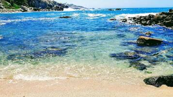 On the beach, sun loungers, beach towels