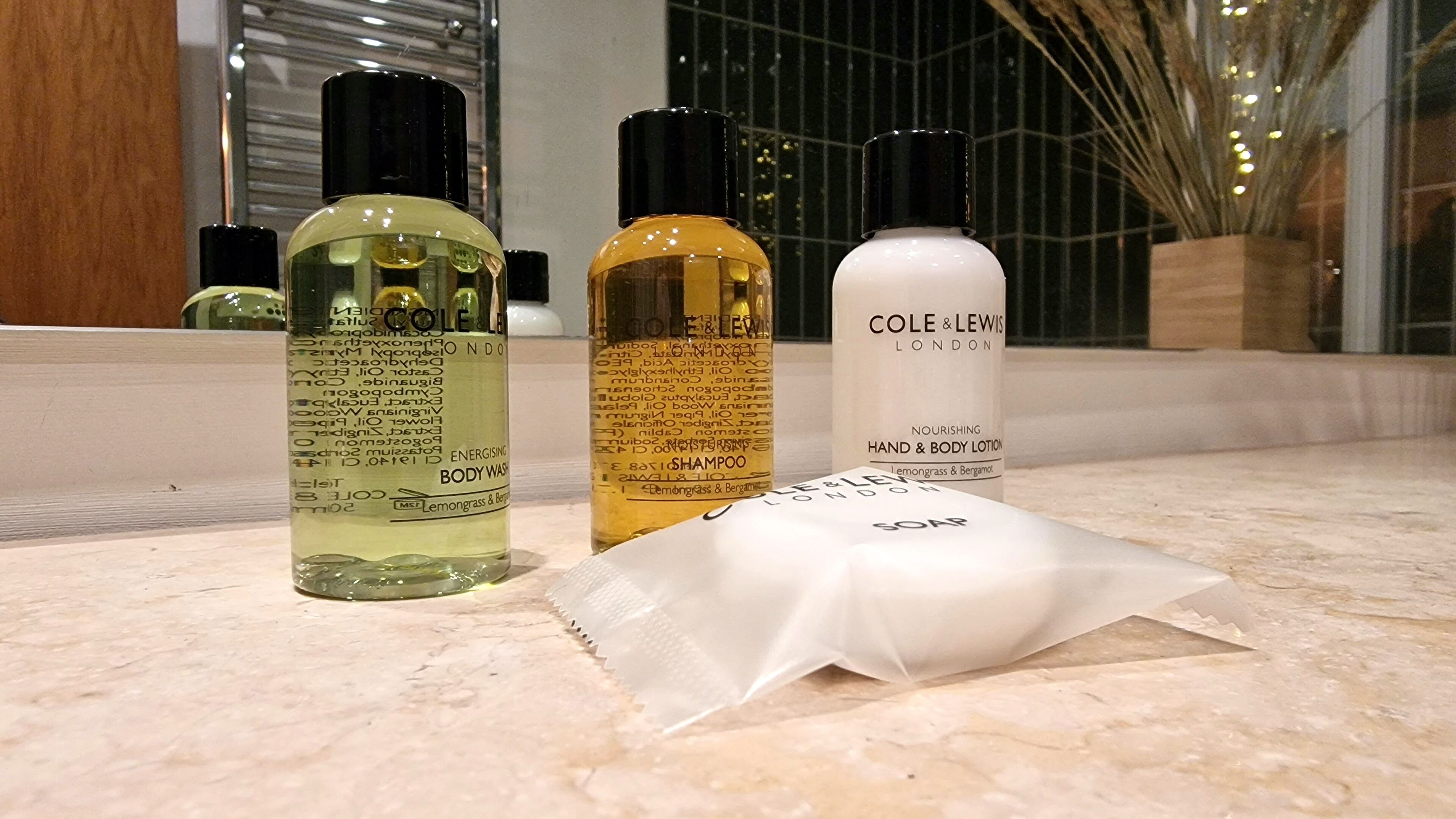 Dusj, hårføner, håndklær og såpe