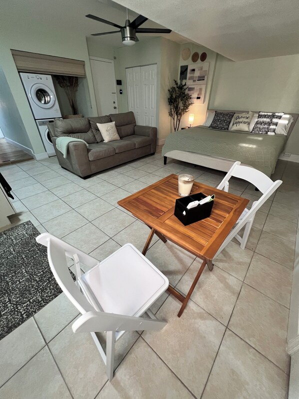 1 bedroom, desk, iron/ironing board, travel crib