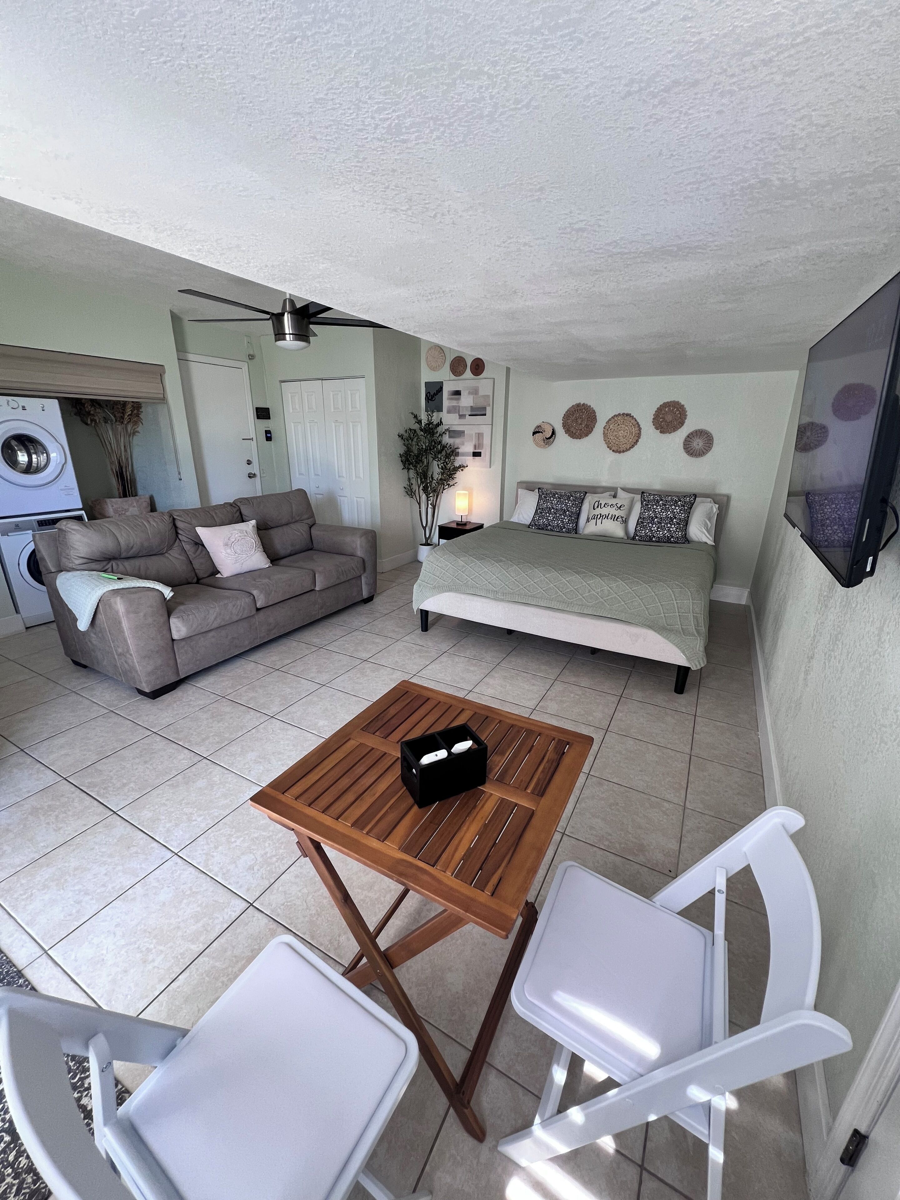 1 bedroom, desk, iron/ironing board, travel crib